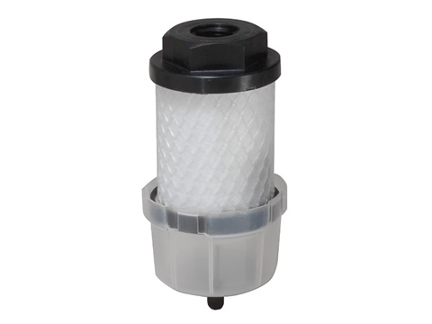 Oil is exhausted from valves, cylinders, and air motors into the ECS. Oil is coalesced into large drops, pulled by gravity into the sump, and drained manually or by using a 1/4" tube drain. The air flowing through the ECS filter media is also muffled. Muffler / Reclassifiers